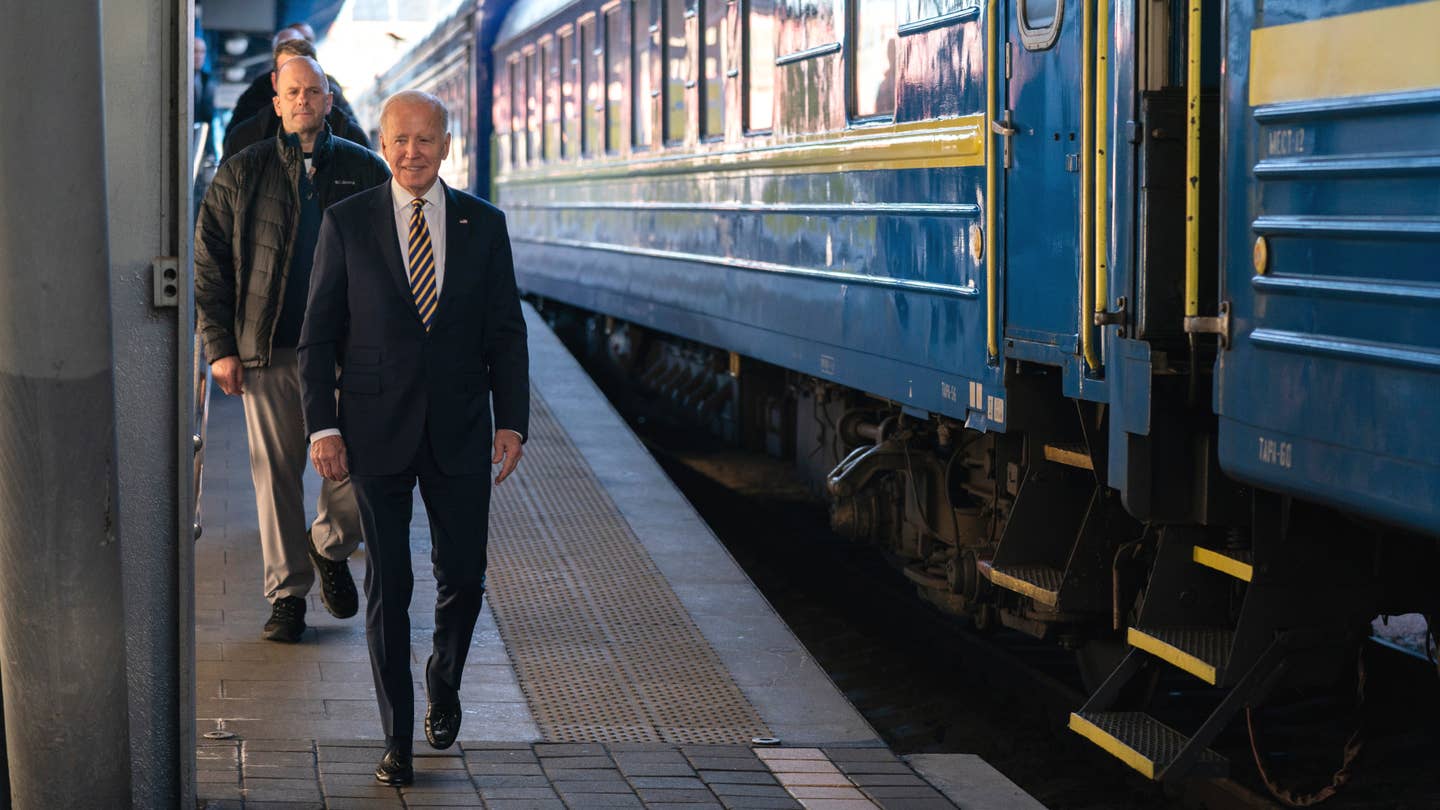 U.S. President Joe Biden after arriving by train in Kyiv. <em>AP Photo/Evan Vucci</em>