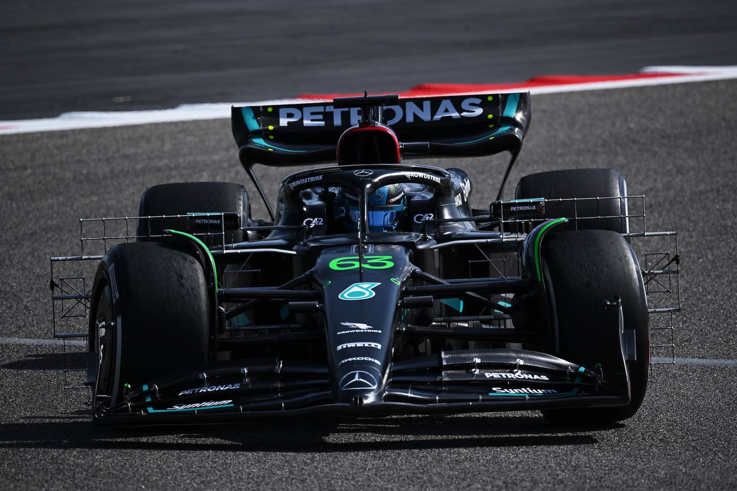 BAHRAIN, BAHRAIN - FEBRUARY 23: George Russell of Great Britain driving the (63) Mercedes AMG Petronas F1 Team W14 on track during day one of F1 Testing at Bahrain International Circuit on February 23, 2023 in Bahrain, Bahrain. (Photo by Clive Mason/Getty Images)