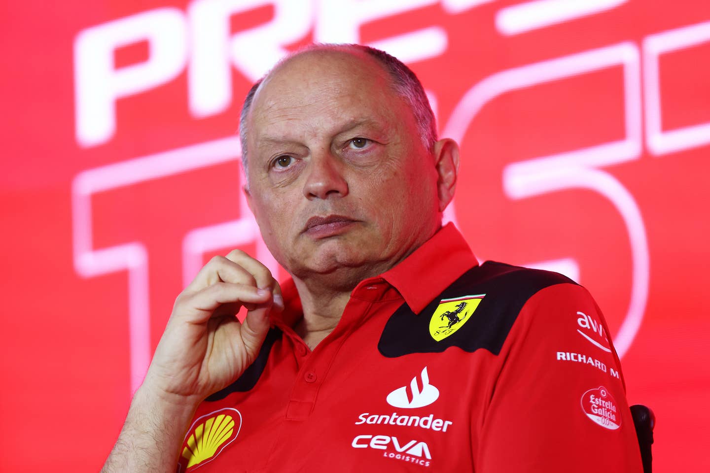 BAHRAIN, BAHRAIN - FEBRUARY 23: Ferrari Team Principal Frederic Vasseur looks on in the Team Principals Press Conference during day one of F1 Testing at Bahrain International Circuit on February 23, 2023 in Bahrain, Bahrain. (Photo by Dan Istitene/Getty Images)