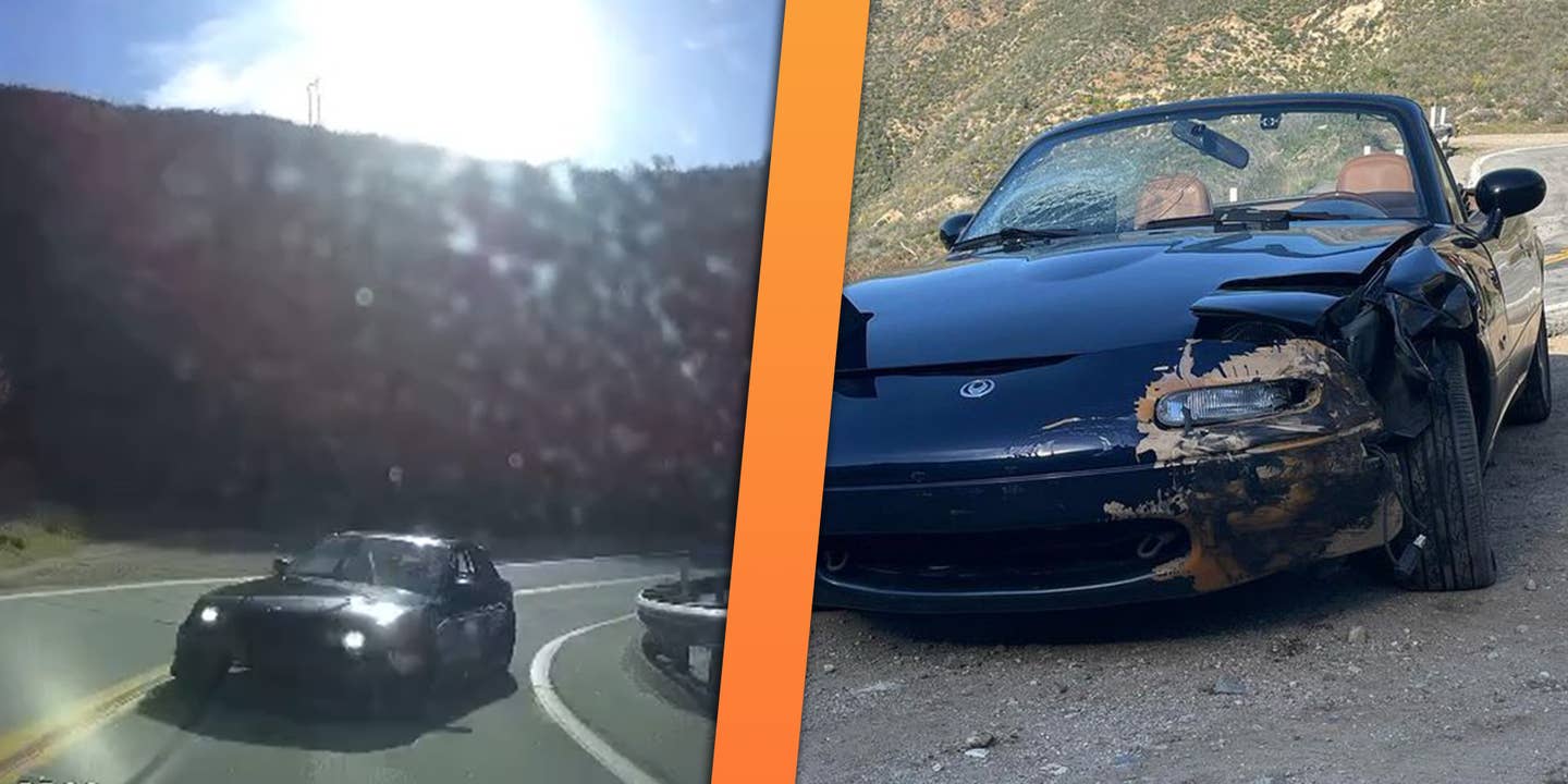 Idiot BMW Driver Smashes Into Mazda Miata After Crossing Double Yellow on Canyon Road
