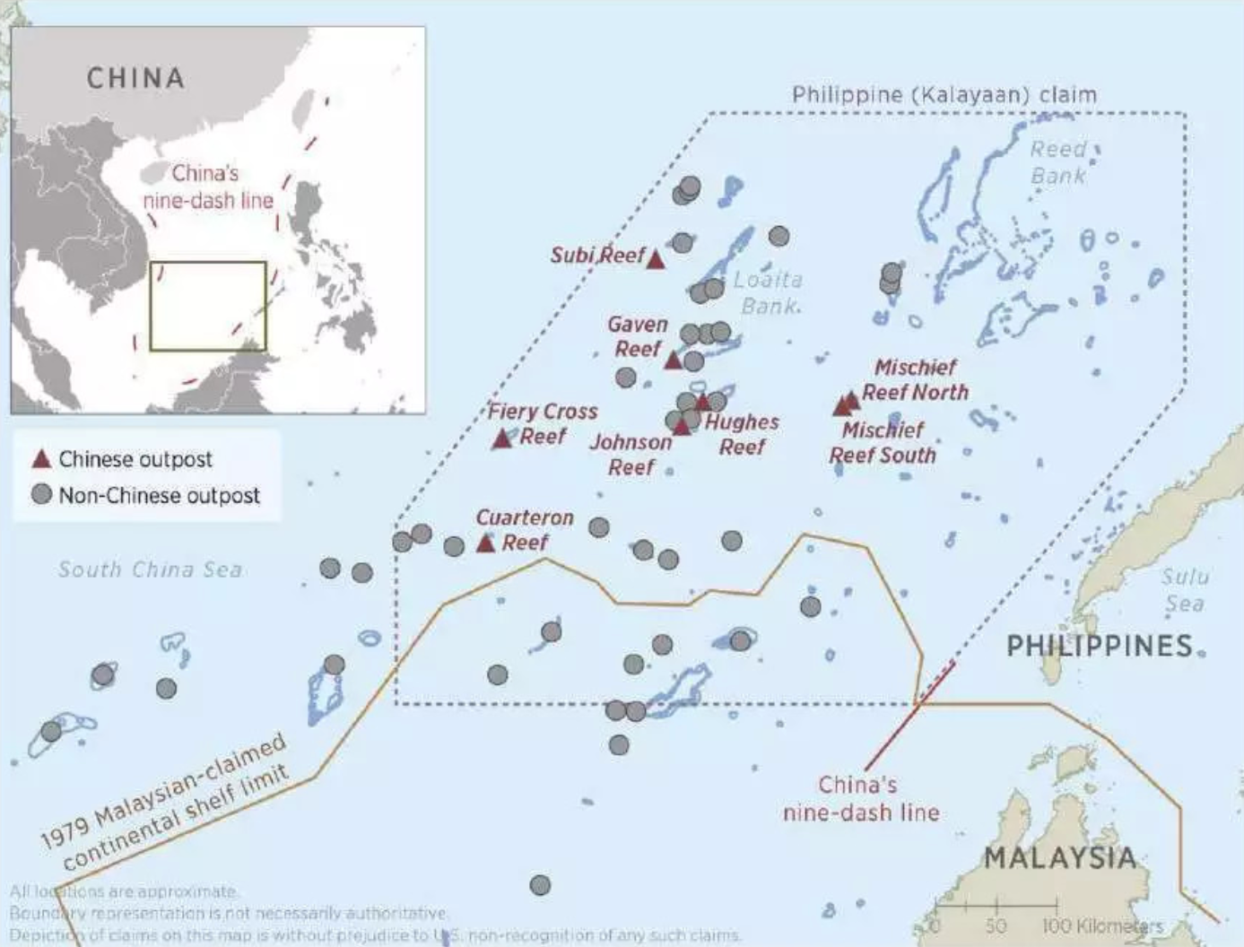 A map showing Chinese man-made island outposts in the South China Sea.&nbsp;<em>U.S. Department of Defense</em>