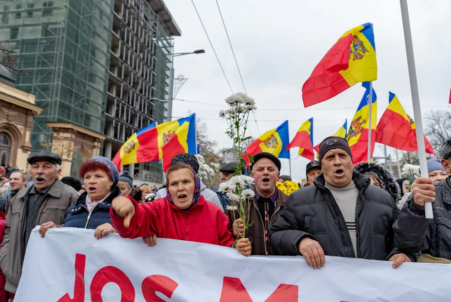 Protesters calling upon Moldova’s pro-Western leaders to leave the office during a march in the capital, Chisinau, on November 13, 2022.&nbsp;<em>Photo by Vudi Xhymshiti/Anadolu Agency via Getty Images</em>