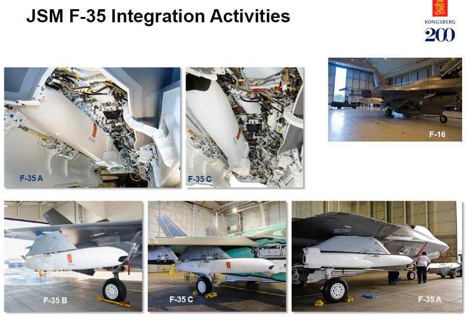 Pictures show Joint Strike Missile fit checks on various aircraft, including internally on F-35A and C variants. <em>Kongsberg</em>