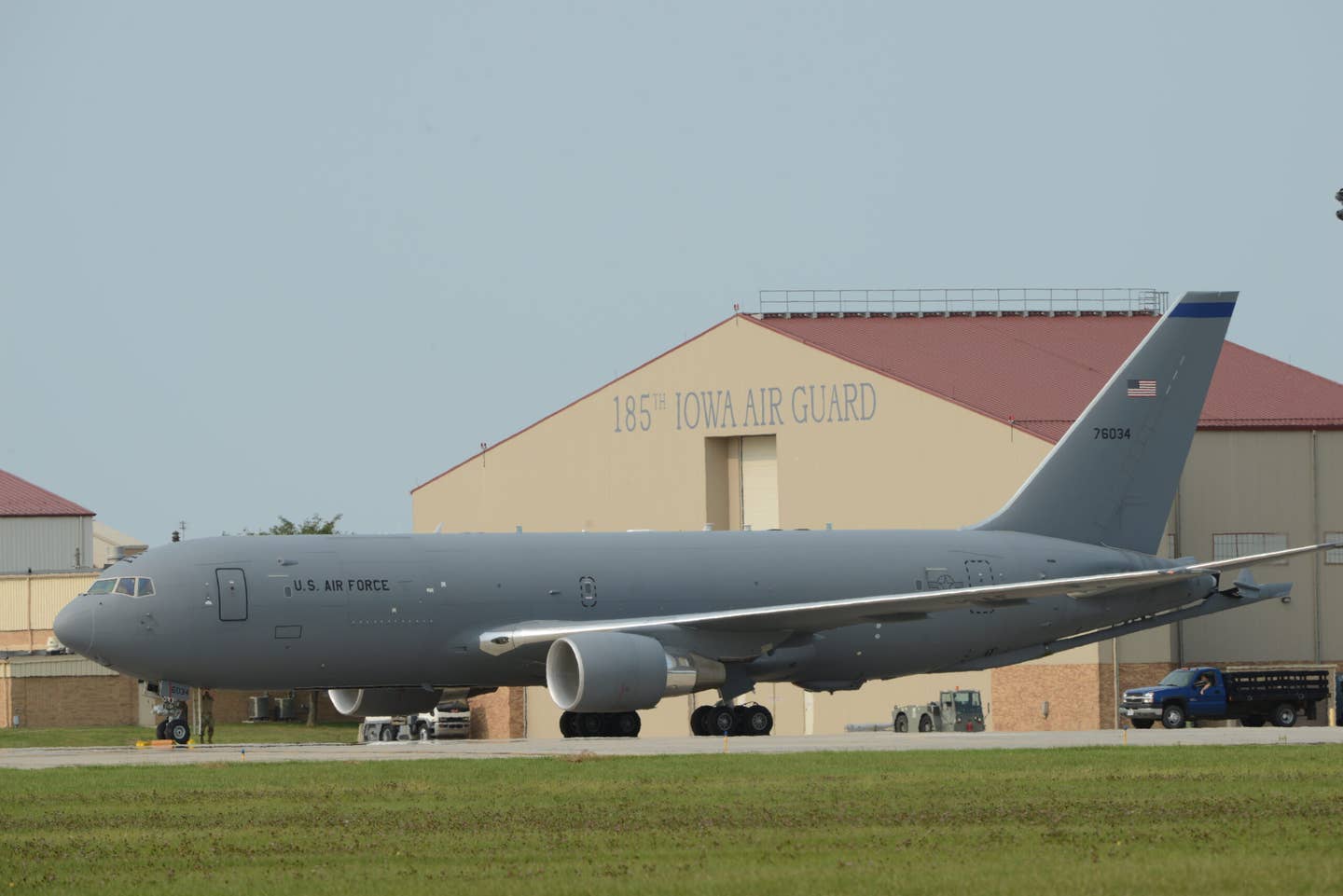 A U.S. Air Force KC-46A Pegasus assigned to the New Hampshire Air National Guard’s 157th Air Refueling Wing on the ramp in Sioux City, Iowa on September 17, 2020. <em>Air National Guard photo by Senior Master Sgt Vincent De Groot</em>