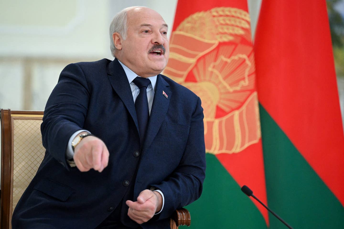 Belarusian President Alexander Lukashenko speaks with foreign media at his residence, the Independence Palace, in the capital Minsk, last month. <em>Photo by NATALIA KOLESNIKOVA/AFP via Getty Images</em>