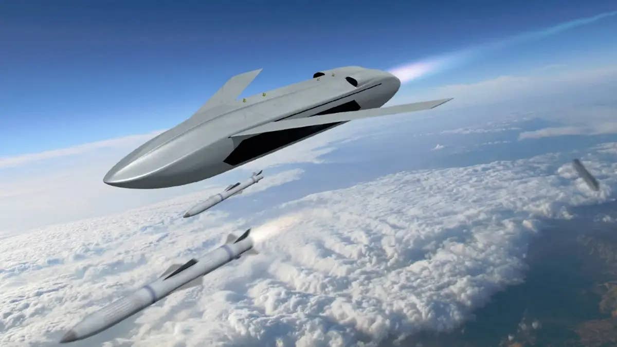 Artwork from the Defense Advanced Research Projects Agency (DARPA) related to its LongShot program, which is exploring the idea of missile-carrying air-launched drones to help extend the reach of crewed platforms. <em>DARPA</em>