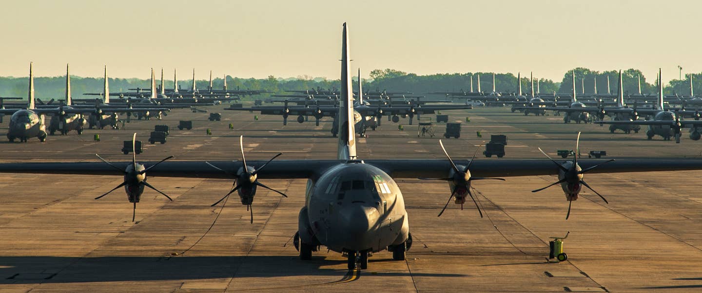 C-130s sit on the parking apron Oct. 17, 2014, at Little Rock Air Force Base, Ark. <em>Credit: U.S. Air Force photo by Airman 1st Class Harry Brexel</em>