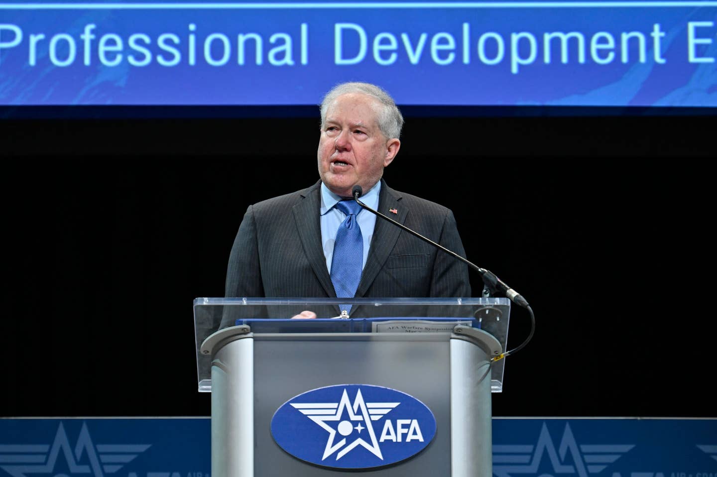 Secretary of the Air Force Frank Kendall gives a keynote address at the Air and Space Forces Association's 2023 Warfare Symposium in Aurora, Colorado, on March 7, 2023. <em>USAF</em>