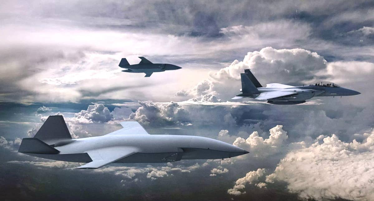 Boeing concept art that the US Air Force has used in the past as an example of notional future attritable drones designed to work closely together with crewed aircraft. <em>Boeing</em>