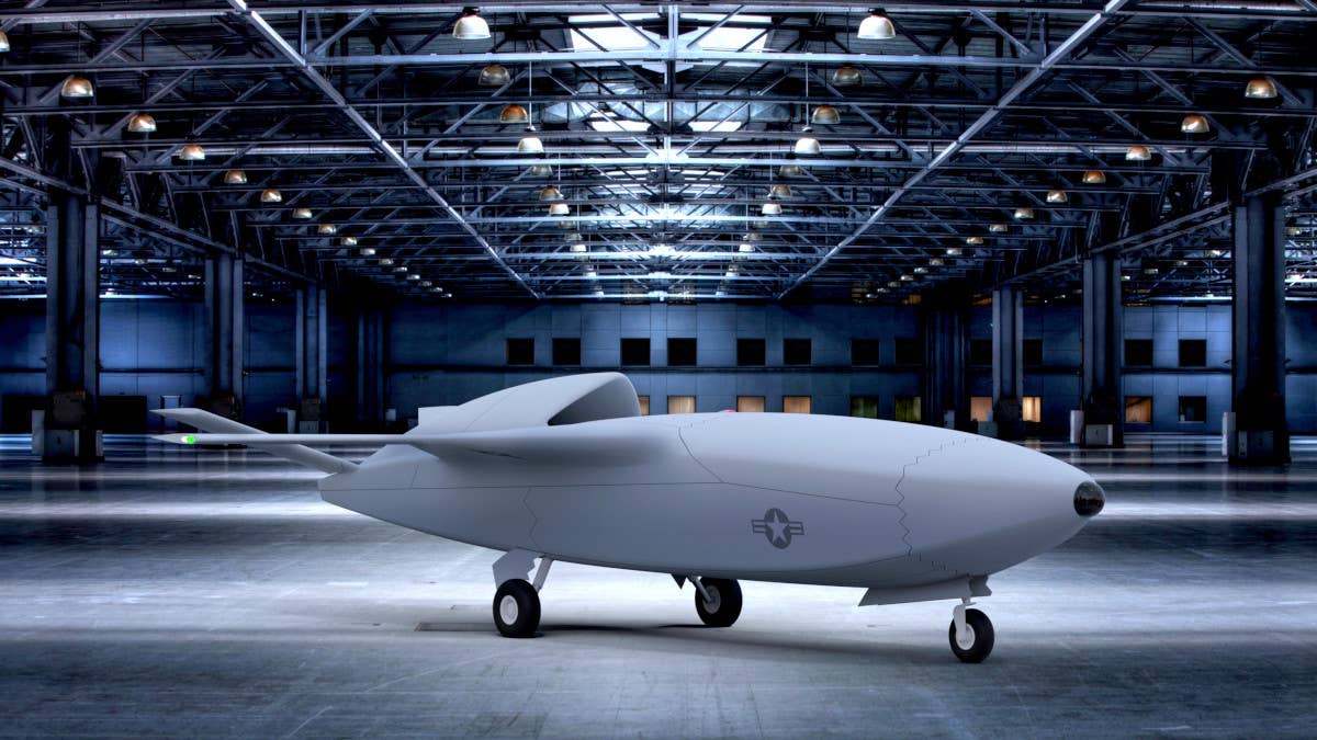 An Air Force rendering of what it described as a "low-cost attritable Unmanned Combat Aerial Vehicle (UCAV)" from circa 2019. <em>USAF</em>