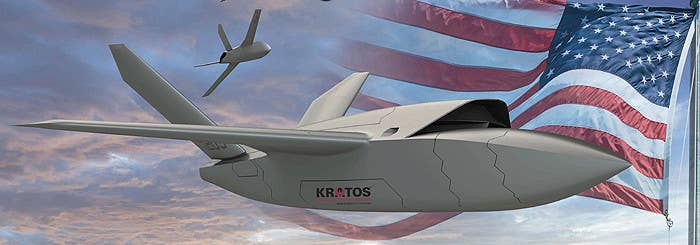 Contemporary artwork of a Kratos design known as the XQ-222 from around the time of the LCASD project. This evolved into the XQ-58A Valkyrie, examples of which the US Air Force has used for various testing purposes. <em>Kratos</em>