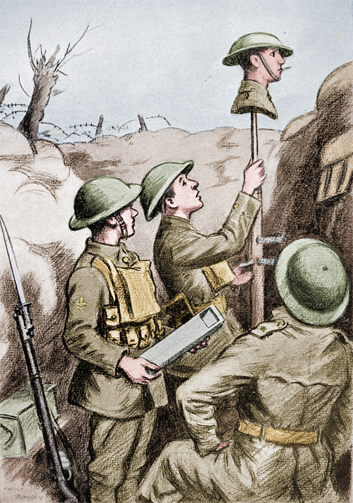 A colorized sketch from the book <em>Sniping in France</em>, published in 1920, reveals a more complex sniper decoy head that includes a tube system running through it to mimic a soldier smoking a cigarette. <em>Cassowary Colorizations/Wikimedia Commons</em>