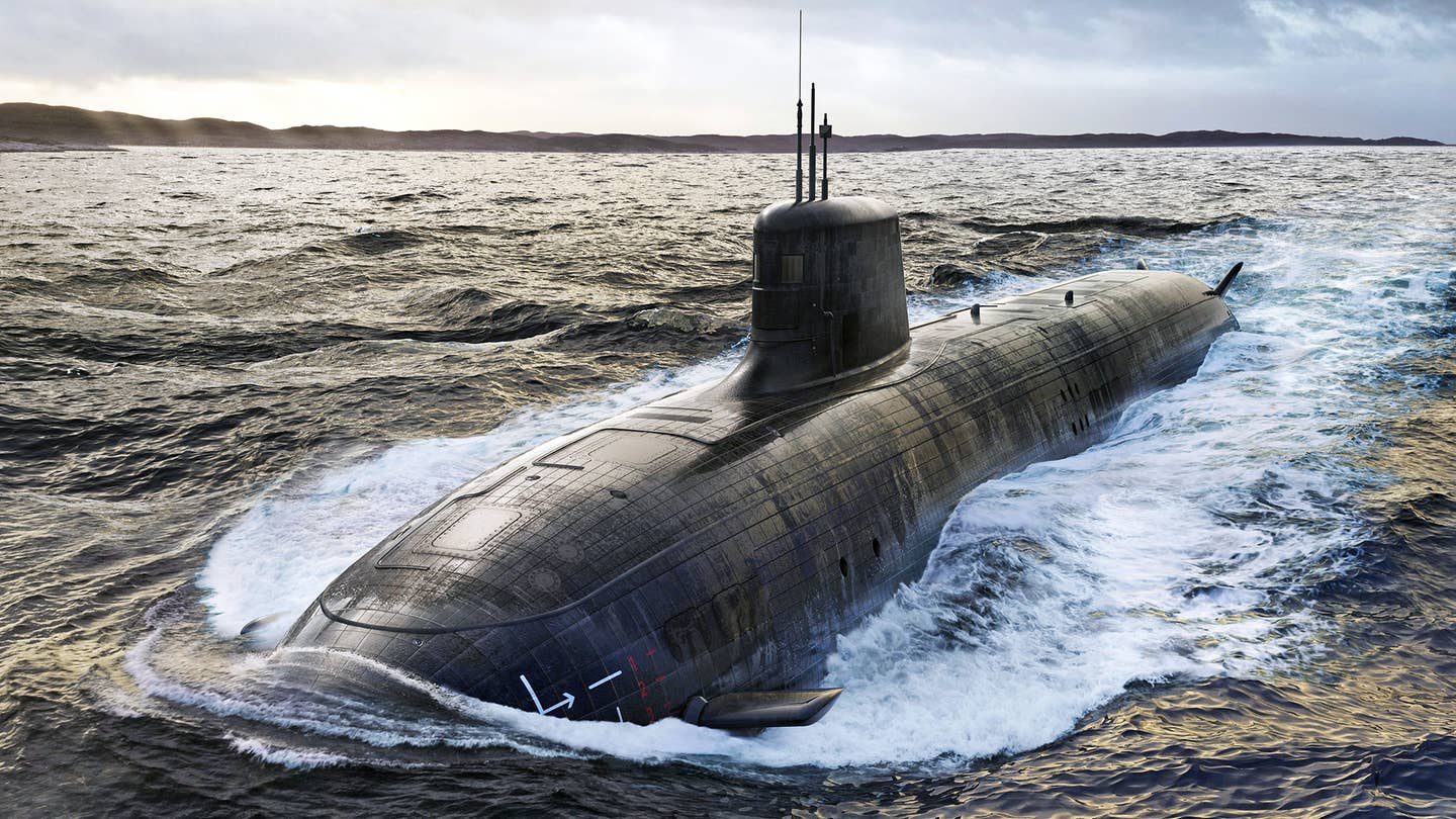 A rendering of a new class of nuclear-powered submarine set to be developed for Australia through AUKUS. <em>U.K. Defense Ministry</em>