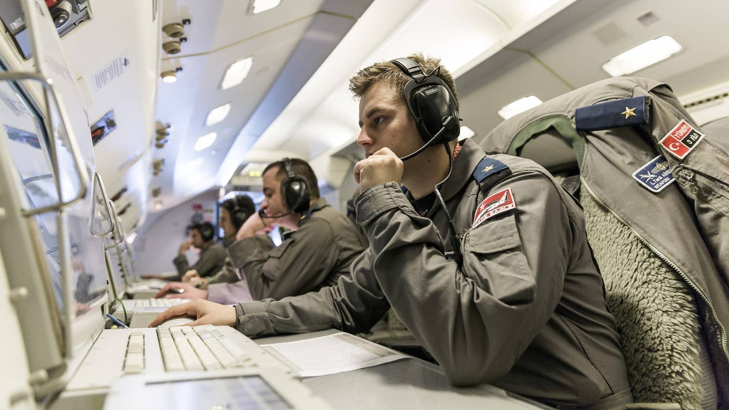 Mission specialists on Boeing E-7 Wedgetail Airborne Early Warning and Control aircraft are trained to use their communications systems.  (Photo by Orhan Akkanat/Anadolu Agency/Getty Images)