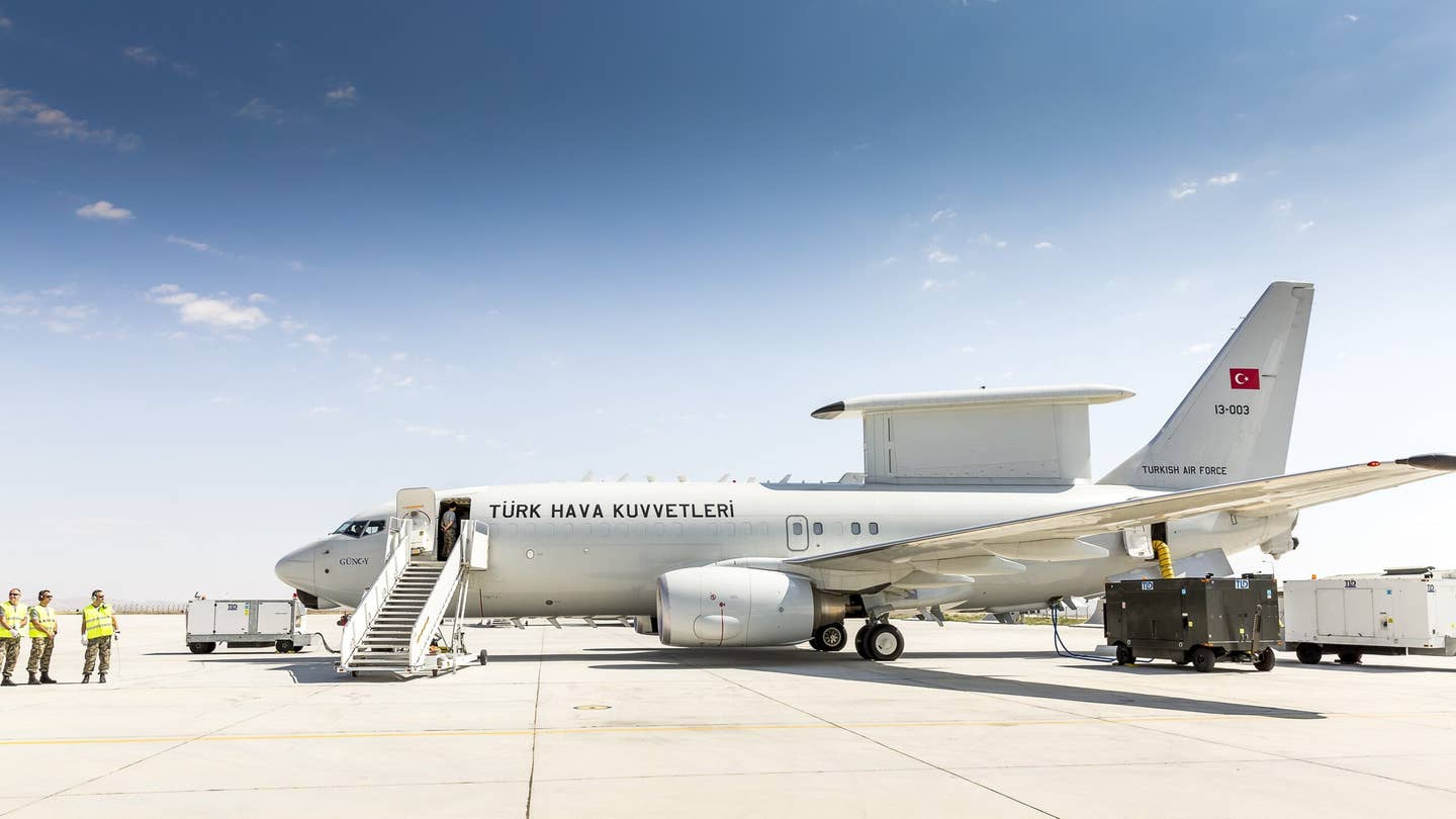 Turkish Air Force E-7 Wedgetail airborne early warning and control jet. (Photo by Orhan Akkanat/Anadolu Agency/Getty Images)