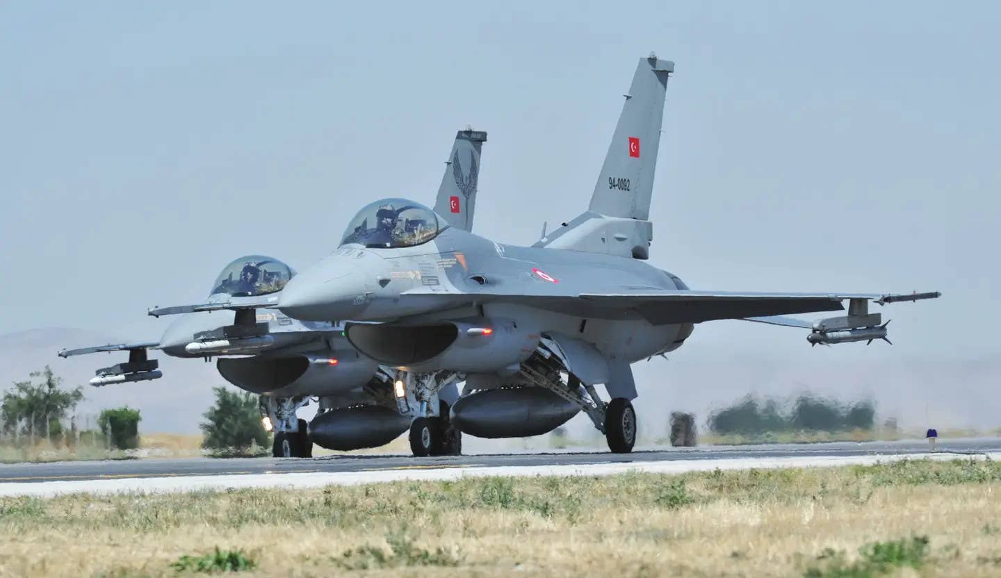 Two Turkish Air Force F-16Cs prepare to depart on a training mission.&nbsp;<em>Turkish Ministry of Defense</em>