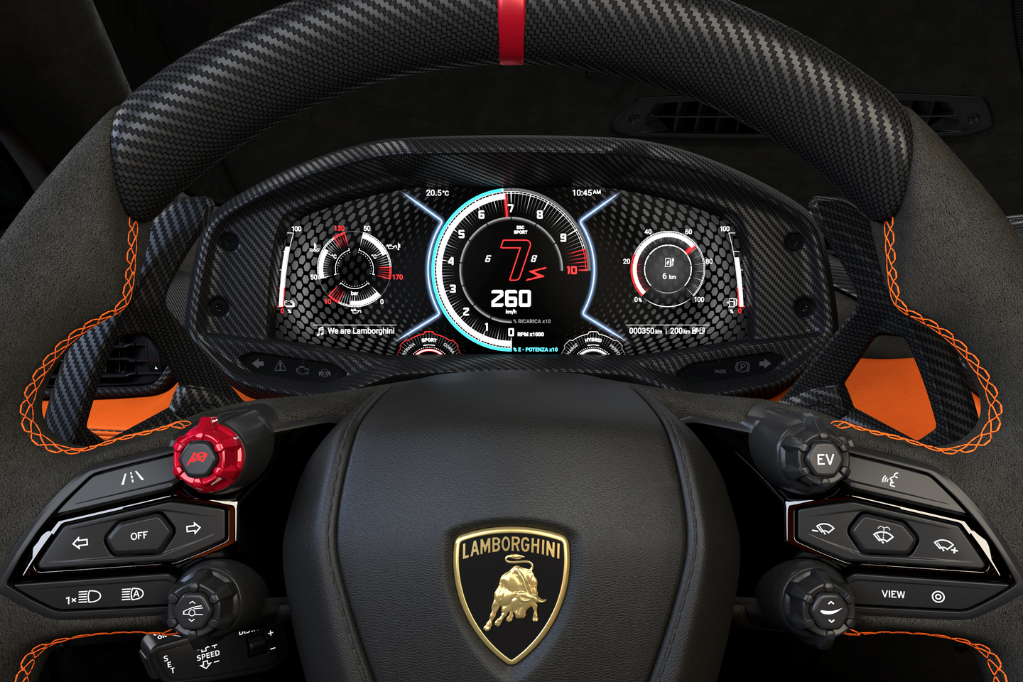Twin roundels at the bottom of the cluster screen indicate the current drive mode and sub-mode. In this case, the car is running in Sport Hybrid mode. <em>Lamborghini</em>