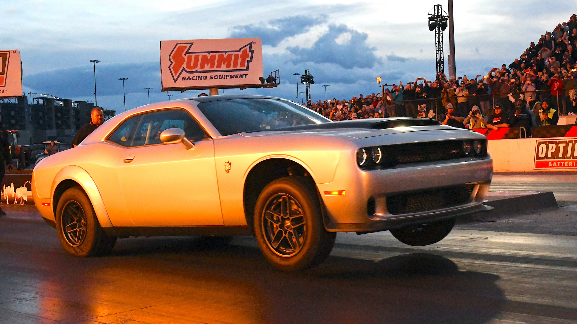 The 1,025 horsepower 2023 Dodge Challenger SRT Demon 170 makes its wheels-up debut run at the Dodge Last Call Powered by Roadkill Nights Vegas performance festival at The Strip at Las Vegas Motor Speedway on March 20, 2023.