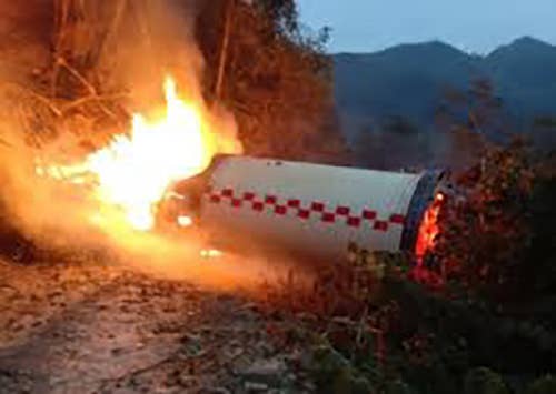 A booster seen still burning on the ground after a launch. <em>Chinese Internet</em>