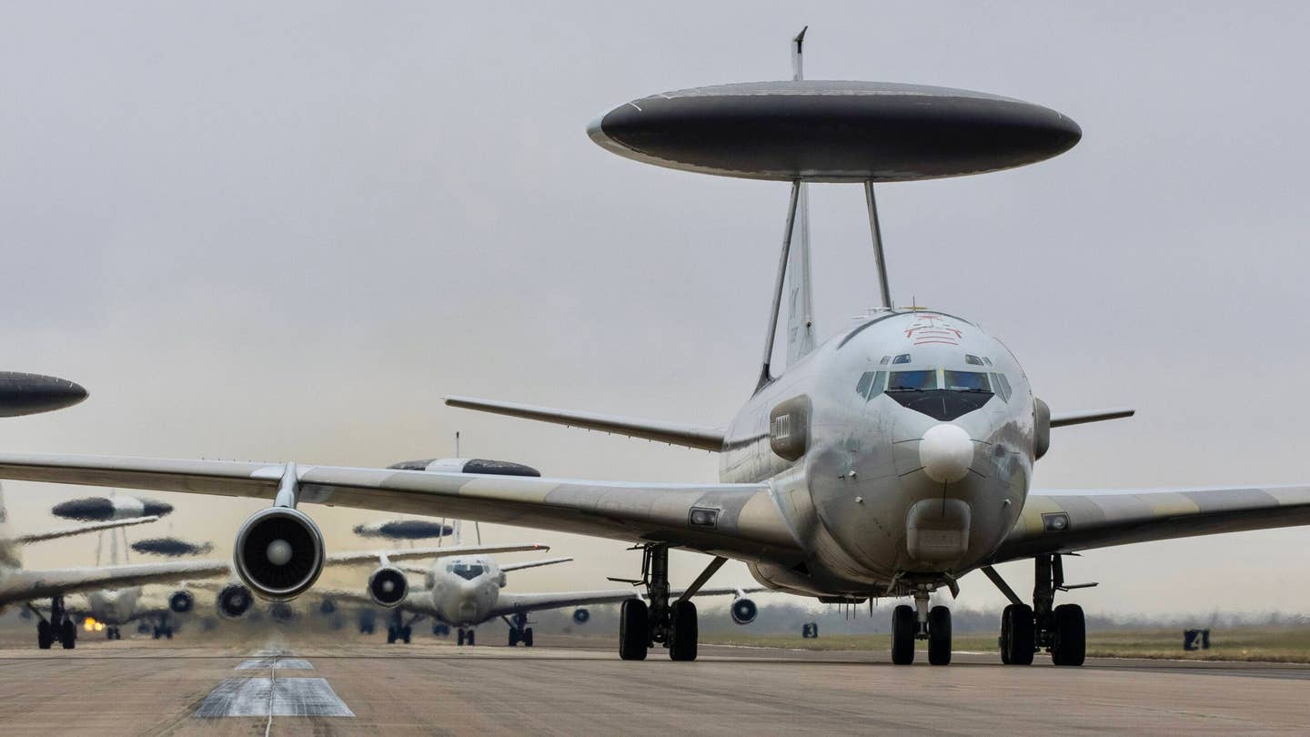 E-3G Sentry aircraft assigned to the 552nd Air Control Wing await clearance to depart during a weather flush exercise at Tinker Air Force Base, Oklahoma, March 21, 2023.&nbsp;<em>U.S. Air Force photo by Paul Shirk</em>