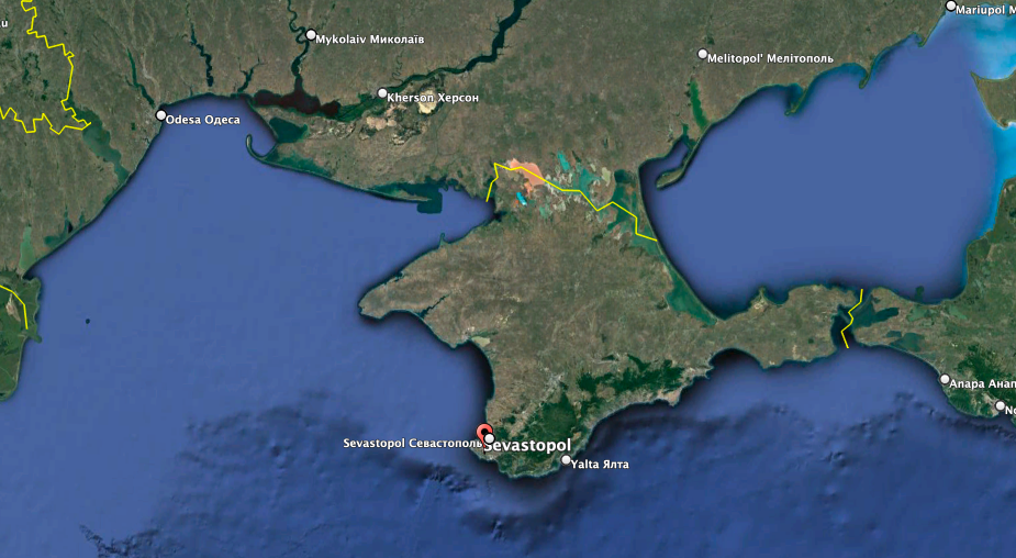 The Ukrainian port of Odesa is about 180 miles northwest of Sevastopol. (Google Earth image)