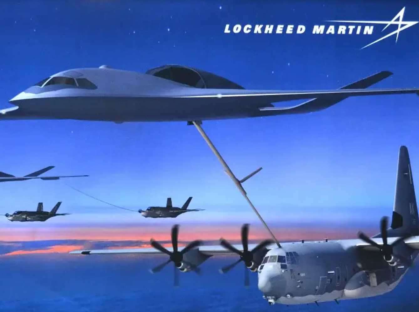 A Lockheed Martin render of a stealth tanker concept, with an integral refueling boom.&nbsp;<em>Lockheed Martin</em>