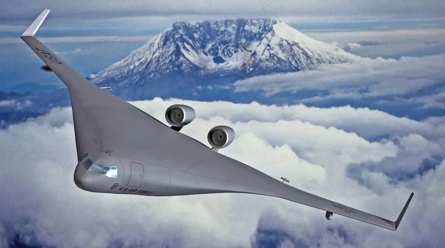 An artist’s conception of a non-stealthy Boeing blended wing-body design, configured here as an aerial refueling tanker.&nbsp;<em>Boeing</em>