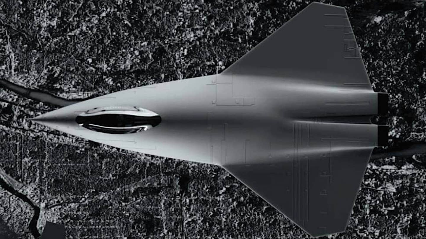 An artist's conception of an advanced sixth-generation combat jet. An aircraft like this is being developed as part of the Air Force's NGAD program, which also includes work on advanced drones with high degrees of autonomy, as well as new&nbsp;weapons, sensors,&nbsp;networking and battle management&nbsp;suites, advanced jet engines, and more. <em>Collins Aerospace</em>