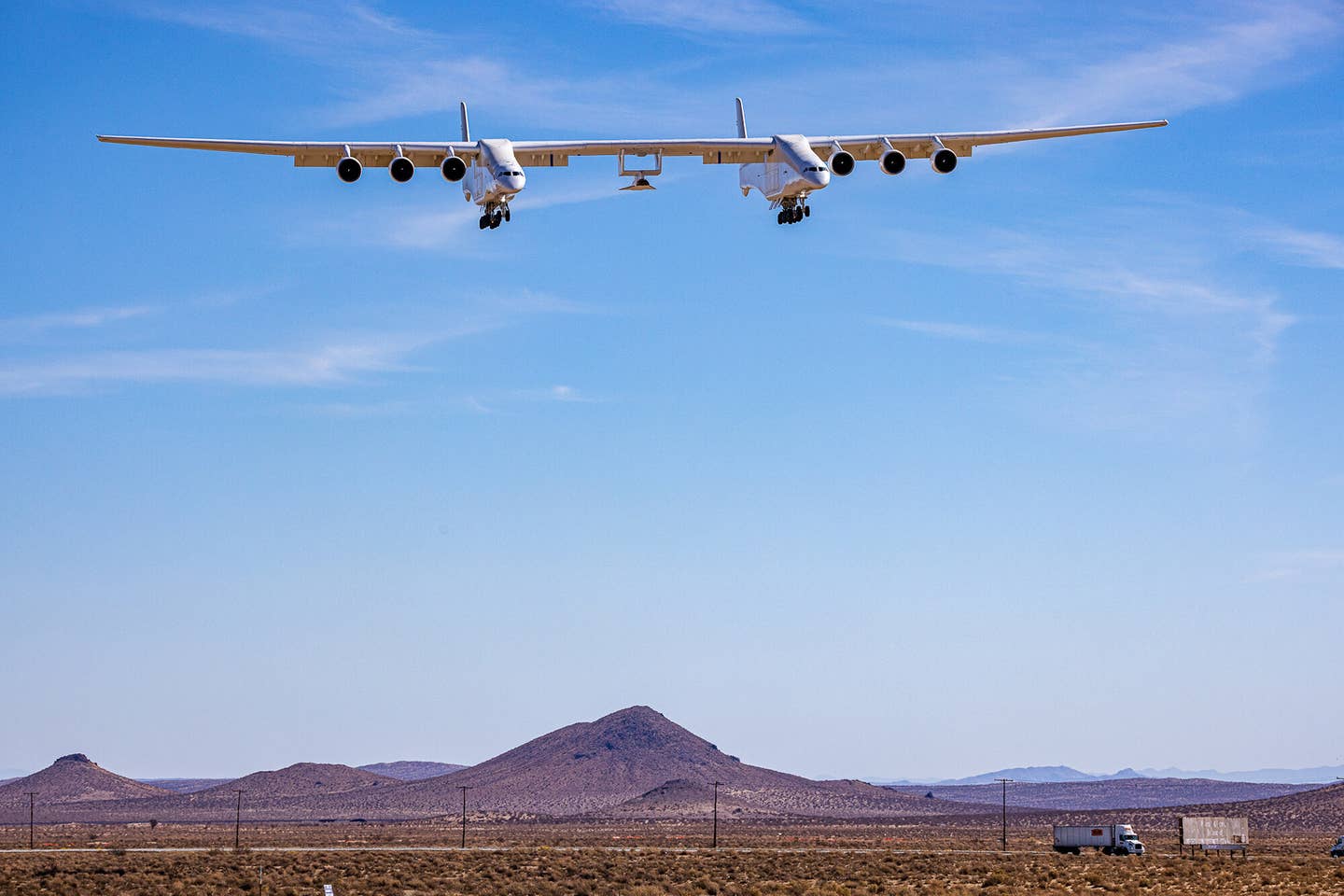 The Roc as it approaches a runway for landing. <em>Credit: Stratolaunch</em>