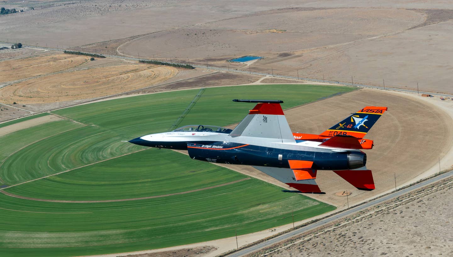 The X-62A VISTA flies over Palmdale, Calif. in August 2022. <em>Credit: U.S. Air Force</em>