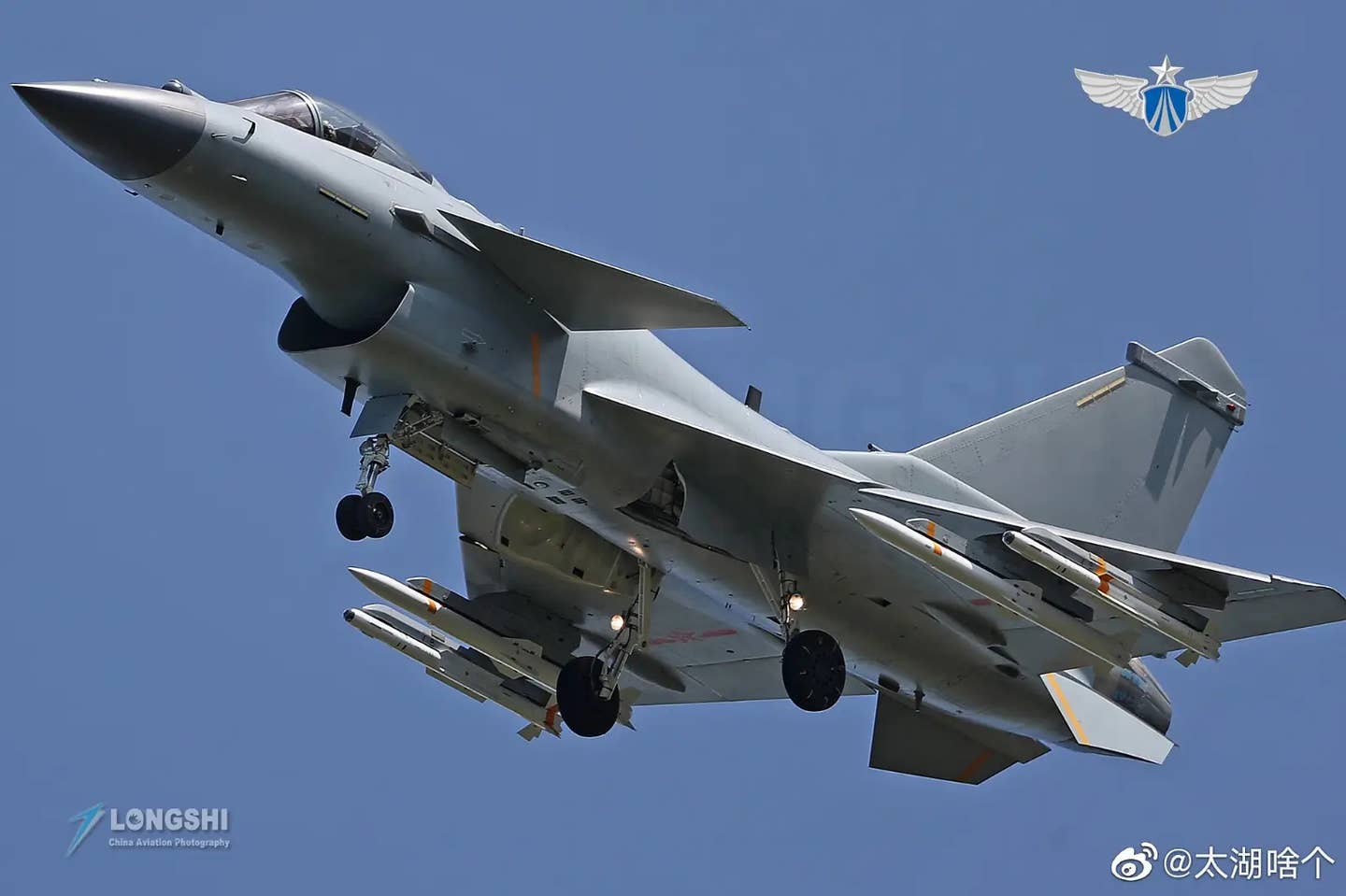 A J-10C variant armed with PL-15 (inboard) and PL-10 (outboard) AAMs. (Chinese internet)