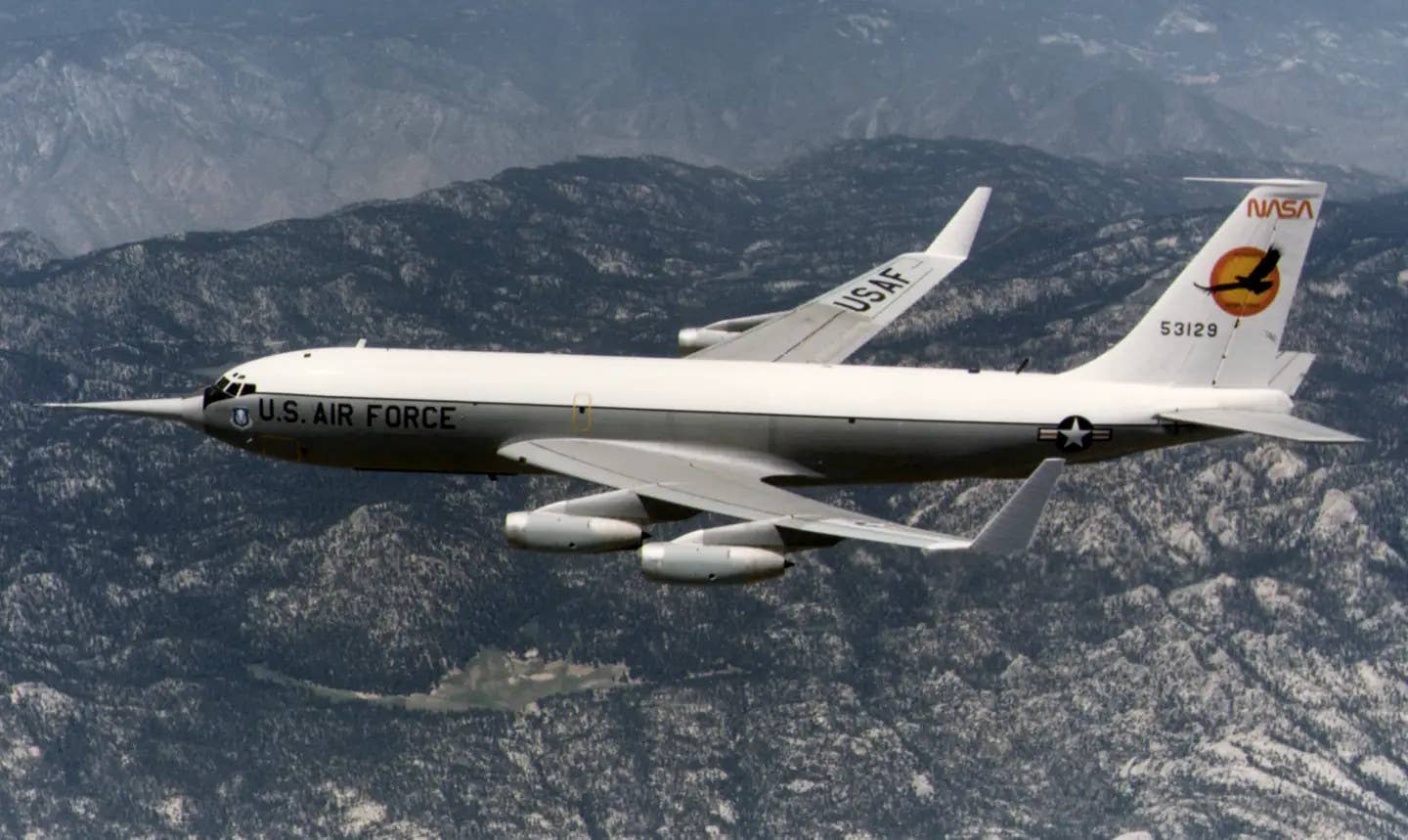 NKC-135A  serial number 55-3129 with the winglets installed. The aircraft also has a large flight data probe installed on the nose. <em>NASA</em>