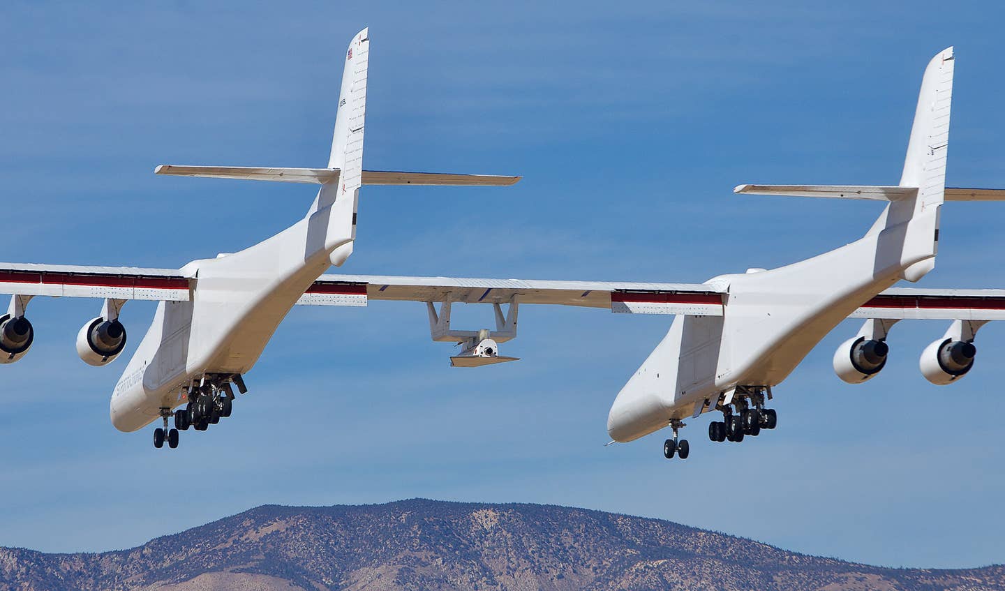 A rear view of the Roc where its flaps can be seen. <em>Credit: Stratolaunch</em>
