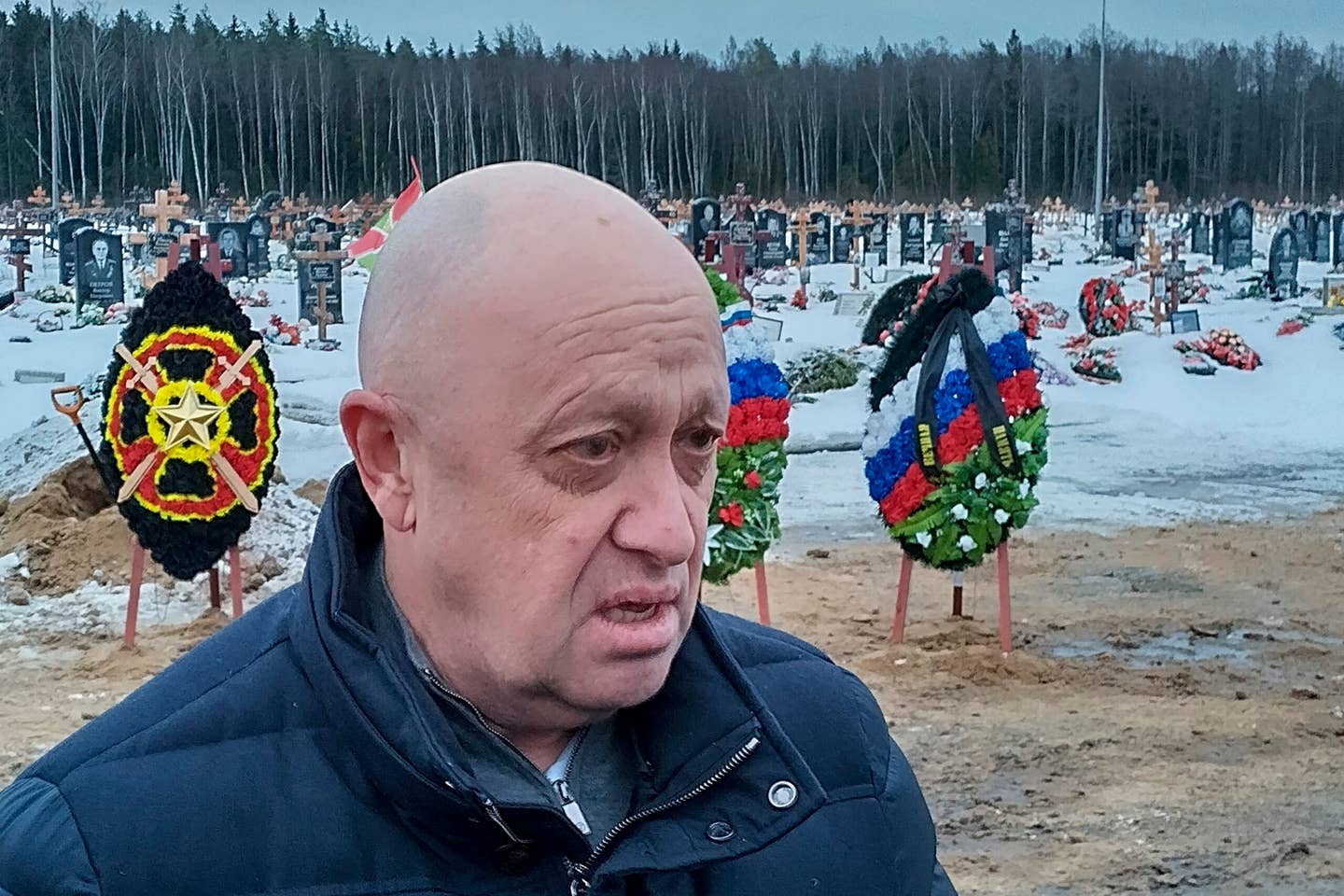 Wagner Group head Yevgeny Prigozhin attends the funeral of one of his troops who died fighting Ukraine. (AP Photo, File)