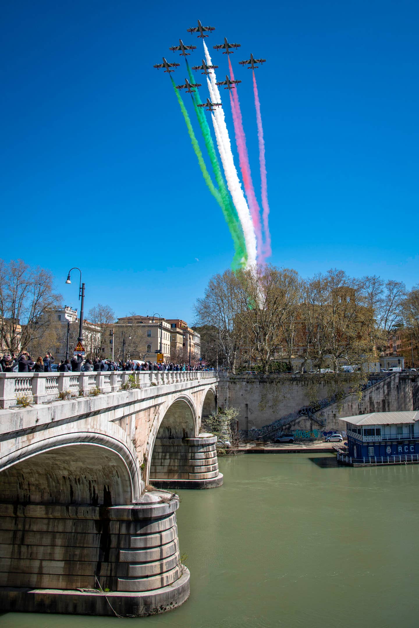 The nine MB-339s of the Frecce Tricolori demonstration team trail patriotic smoke over Rome. <em>Giovanni Colla </em>