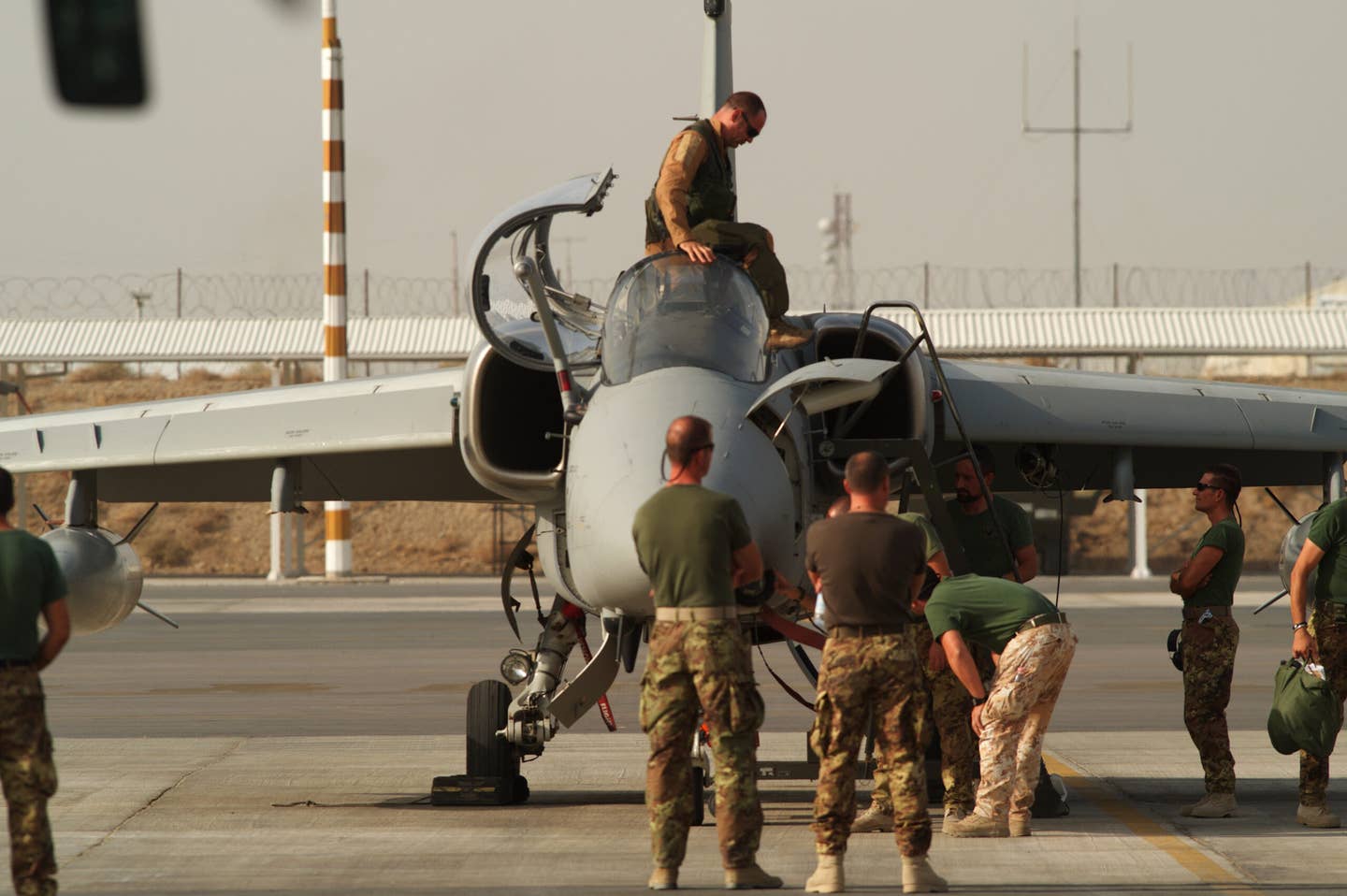 An Italian Air Force AMX ground-attack aircraft after landing at Herat, Afghanistan, in September 2010. <em>Photo by Enzo Signorelli/Getty Images</em>