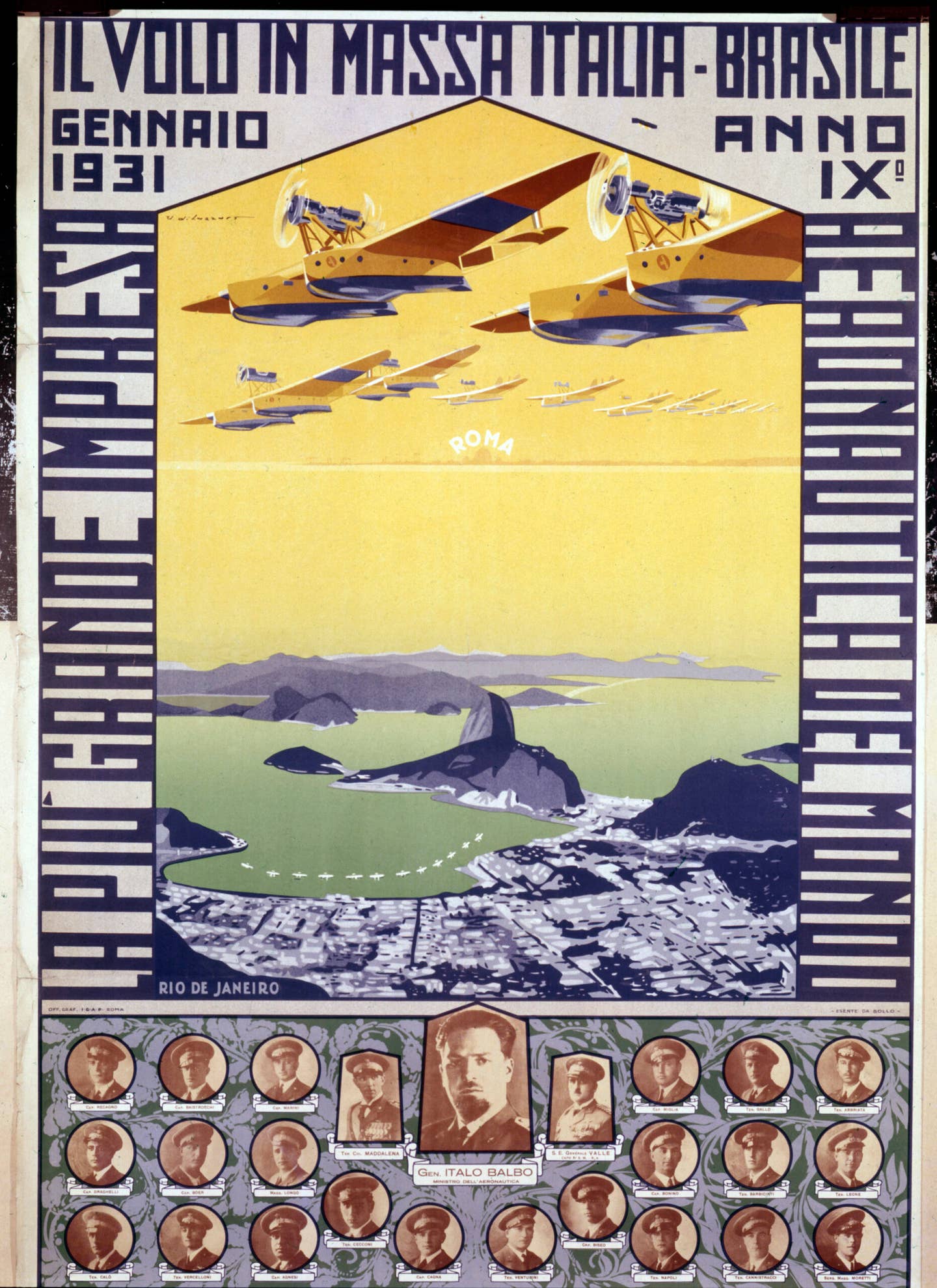 A commemorative poster of the 1930–31 transatlantic flight from Italy to Brazil, performed with Savoia-Marchetti S.55 seaplanes, below a portrait of Italo Balbo and the participants in the flight. P<em>hoto by De Agostini Picture Library via Getty Images</em>