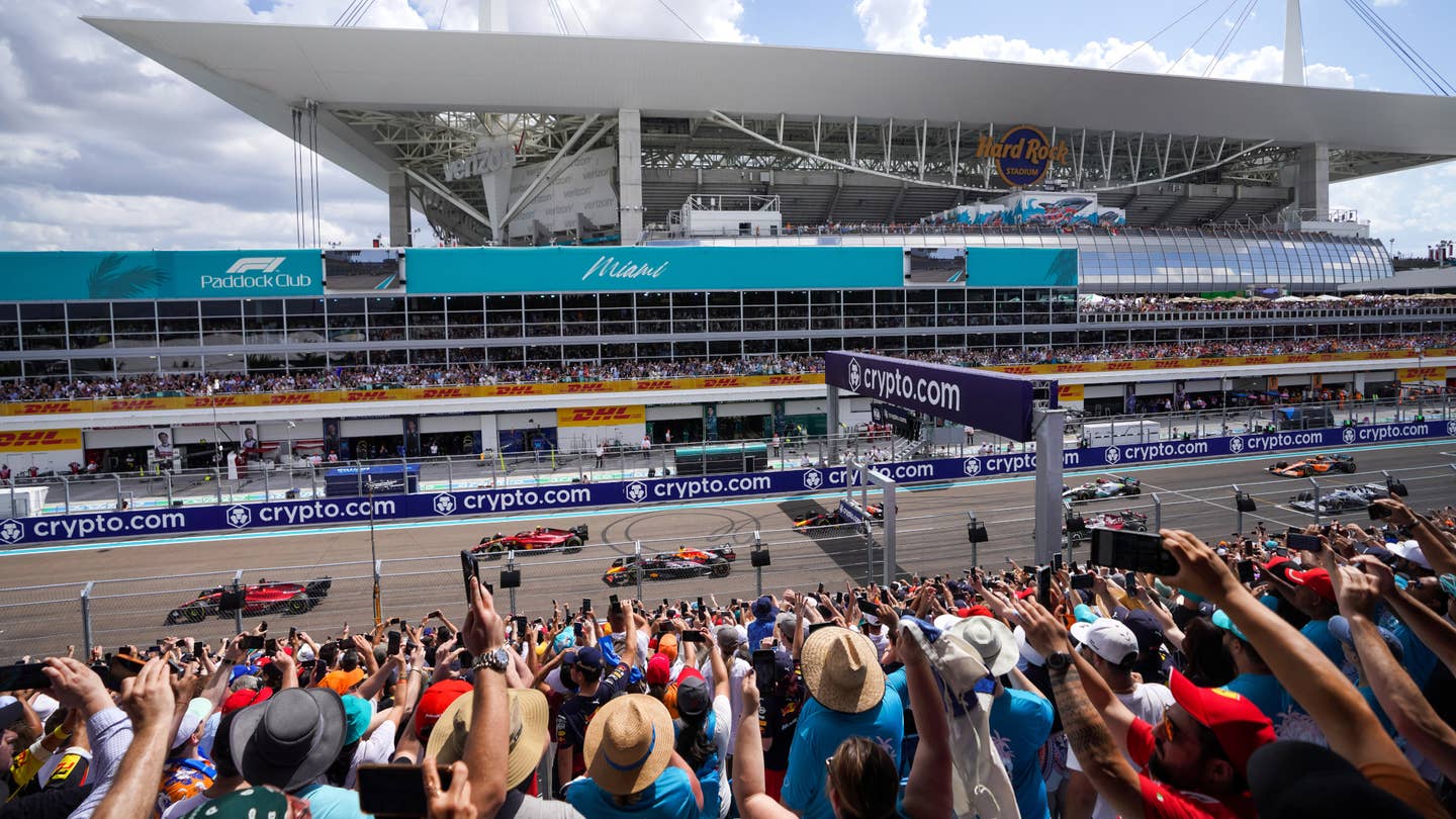 MIAMI, FLORIDA - MAY 08: Fans enjoy the atmosphere at the start during the F1 Grand Prix of Miami at the Miami International Autodrome on May 08, 2022 in Miami, Florida. (Photo by Alex Bierens de Haan/Getty Images)