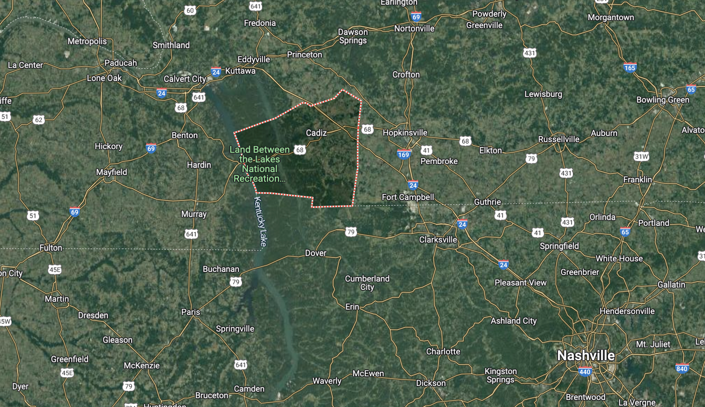 The location of Trigg County on the far southwestern border of the state of Kentucky. Fort Campbell is located immediately to the east. <em>Google Maps</em>