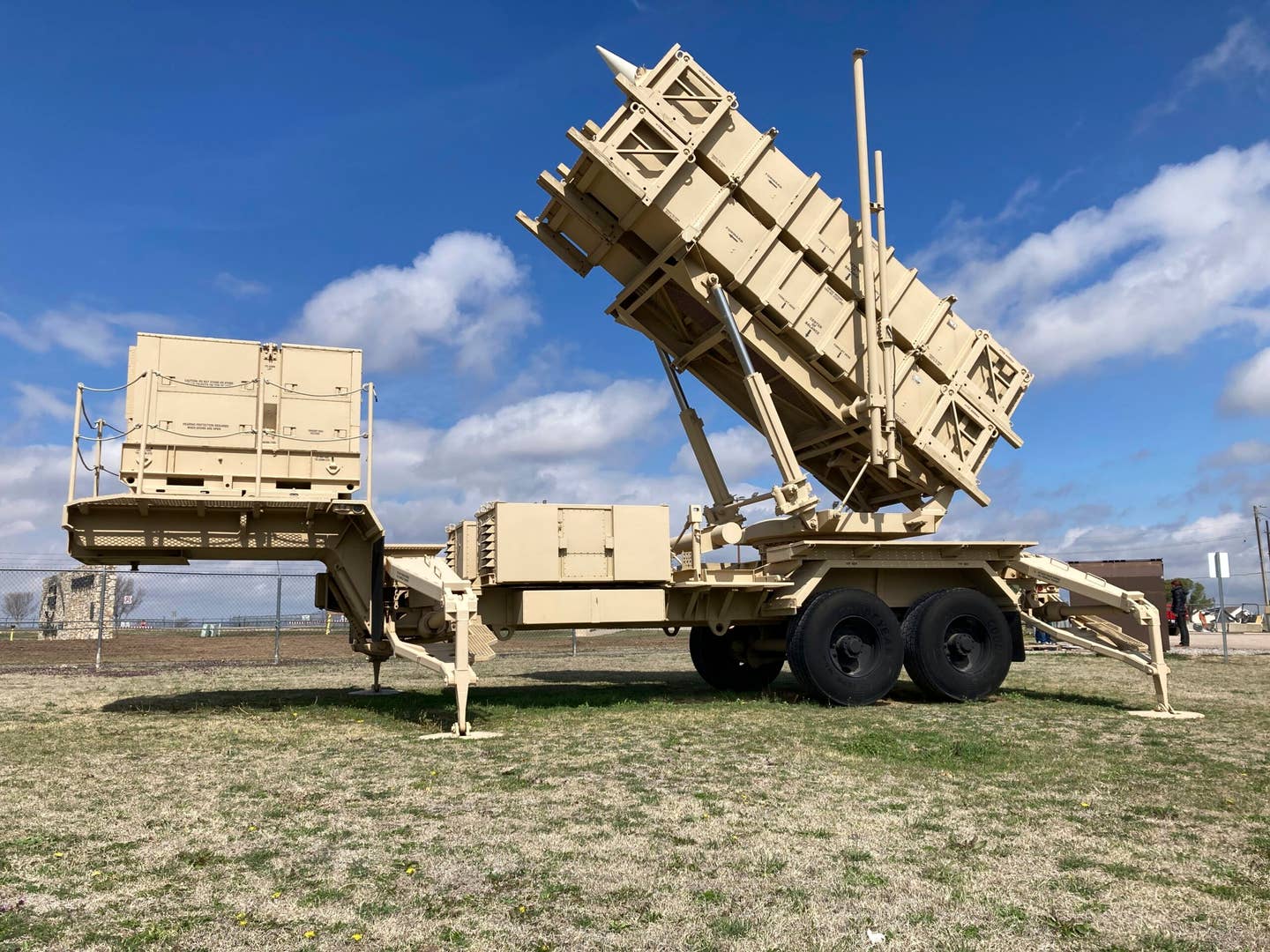 A Patriot missile mobile launcher is displayed outside the Fort Sill Army Post near Lawton, Okla., on Tuesday, March 21, 2023. (AP Photo/Sean Murphy)
