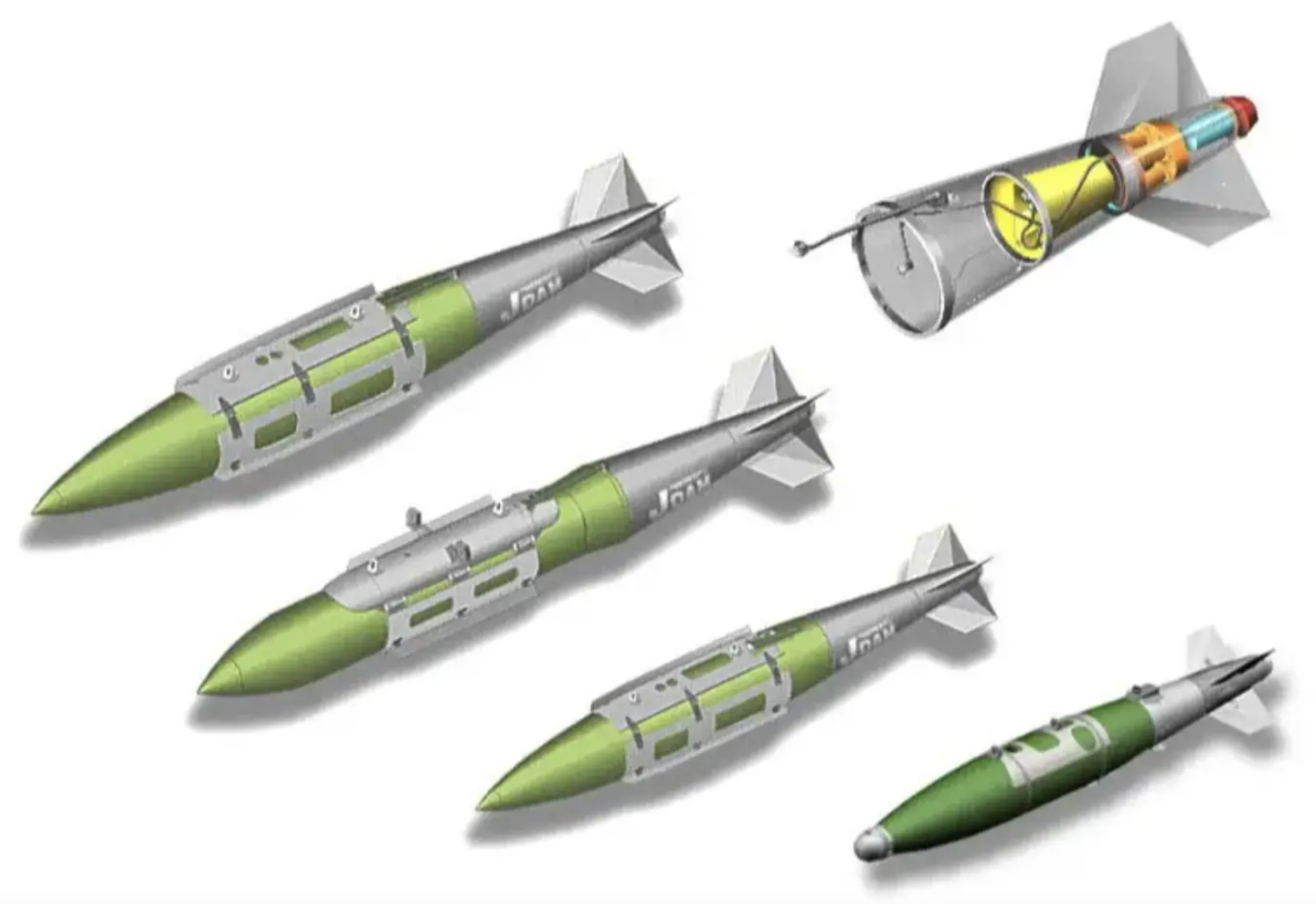 A graphic showing the various tiers of standard JDAM bombs (from left to right, two 2,000-pound-class variants, a 1,000-pound example, and a 500-pound class type), as well as a close-up of one of the tail guidance sections at top right.&nbsp;<em>U.S. Air Force</em>