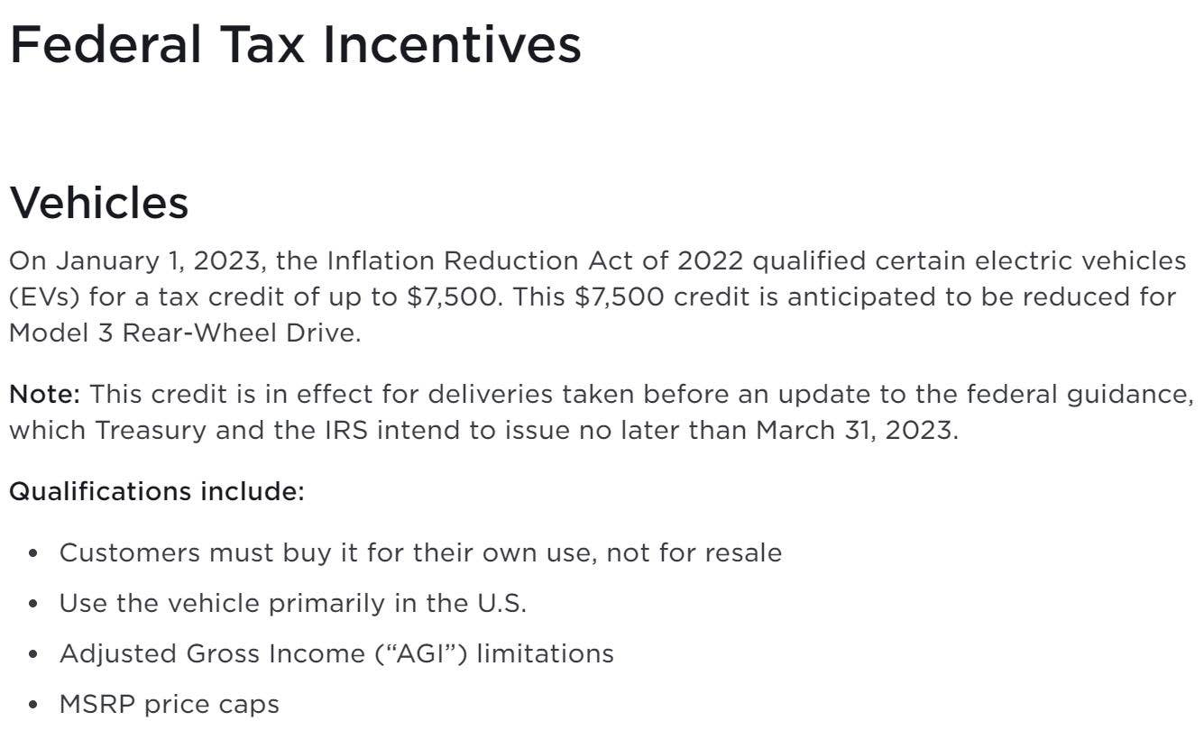 Tesla announces on its website that the Model 3 Rear-Wheel Drive will have its tax credit slashed.