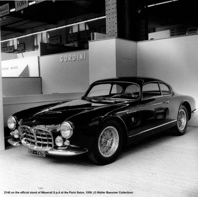 Chassis 2140 on the 1956 Paris Auto Salon stand. <em>Walter Bauemer Collection</em>.