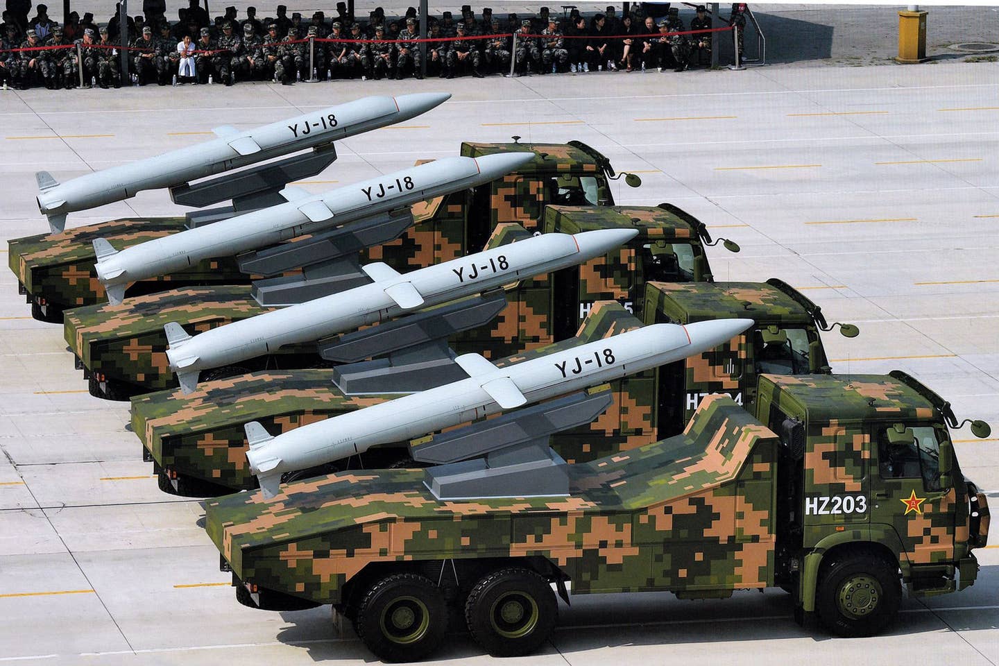 YJ-18 missiles on display during a Chinese military parade. <em>Credit: Salah Rashad Zaqzoq/Wikimedia Commons</em>
