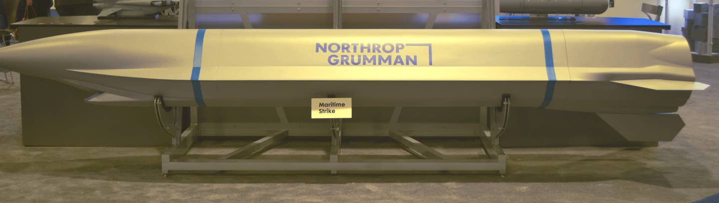 A look at Northrop Grumman's maritime strike missile concept from the side showing two of the three tail fins and the long strake along the side. <em>Joseph Trevithick</em>