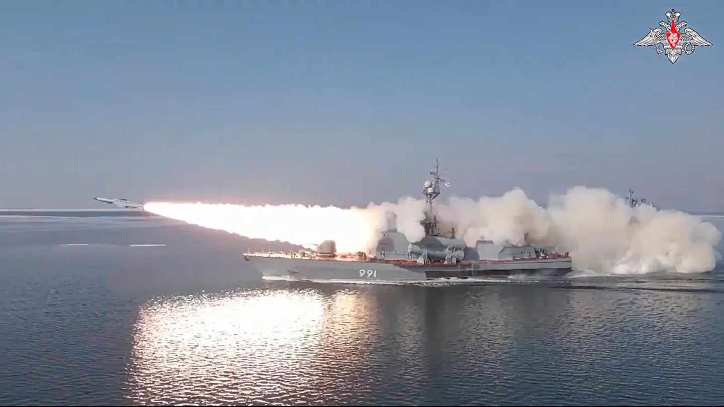 In this photo made from video provided by the Russian Defense Ministry Press Service on March 28, 2023, a Russian Navy ship launches an anti-ship missile test in the Peter The Great Gulf in the Sea of Japan. <em>Credit: Russian Ministry of Defense via AP</em>