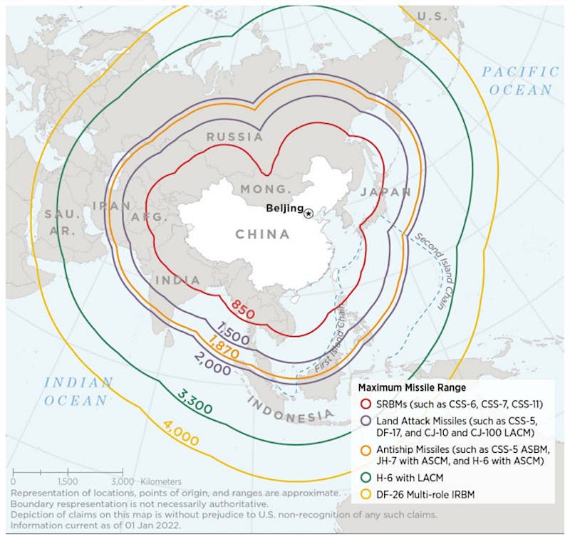 A very general look at some of the breadth of conventionally-armed long-range missile options China has and the ranges they can reach. <em>DOD</em>