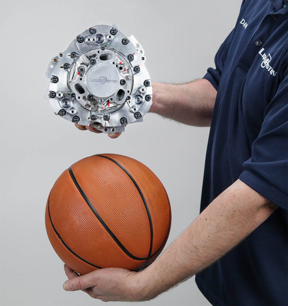 Liquid Piston's rotary compared to a basketball.