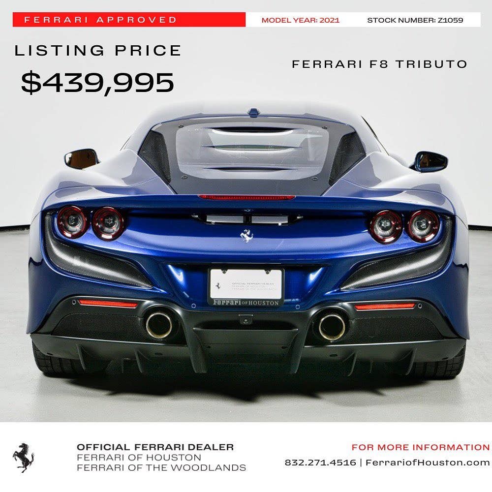 2021 Ferrari F8 Tributo listed for sale at Ferrari of Houston, possibly the stolen vehicle