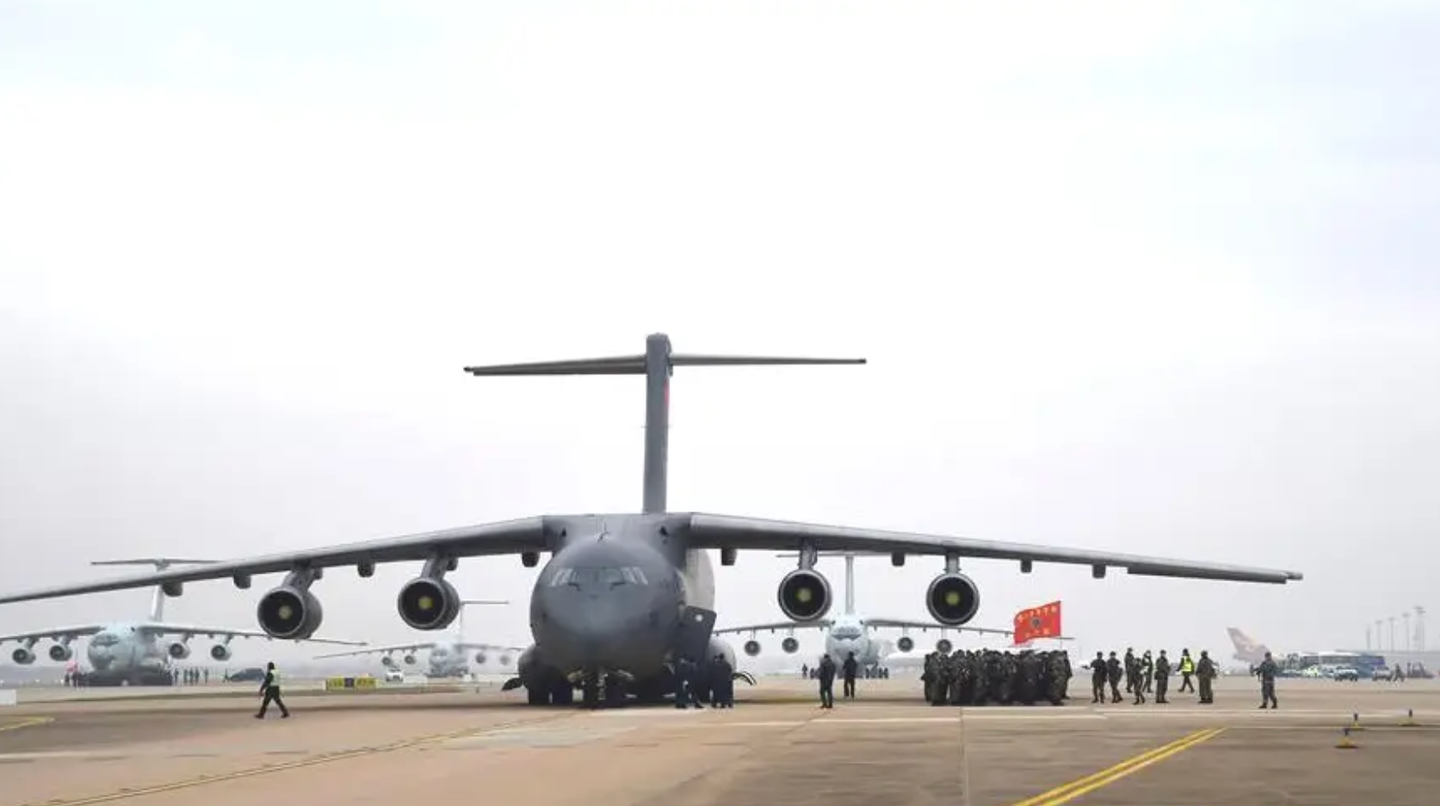 A Y-20A and three Il-76s at Tianhe International Airport in Wuhan in February 2020, during the COVID-19 response mission.&nbsp;<em>Xinhua/Li Yun</em>